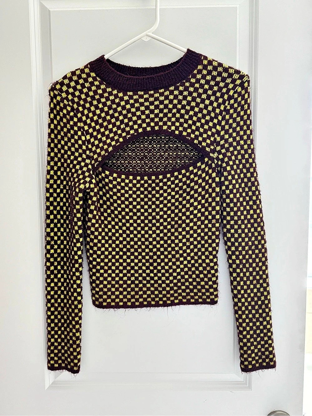 Zara Checkered Knit Cutout Sweater Maroon & Yellow Medium